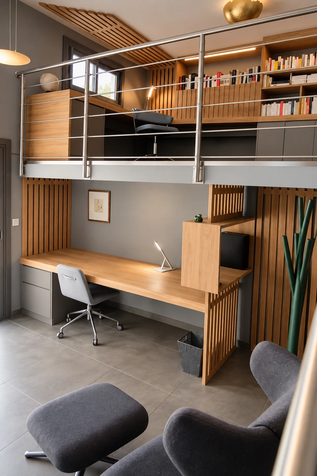 Bureau en bois, bibliothèque et claustras reliant le séjour à la mezzanine